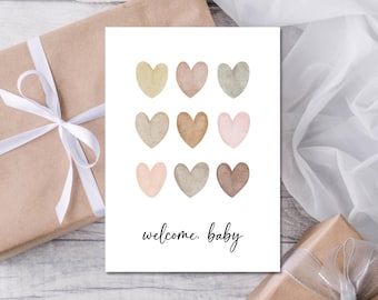 Boho Hearts Baby Shower Card, Gender Neutral Baby Shower Card, Newborn Baby Card, Welcome Baby, Printable