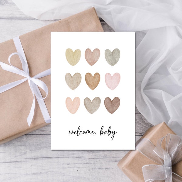 Boho Hearts Baby Shower Card, Gender Neutral Baby Shower Card, Newborn Baby Card, Welcome Baby, Printable