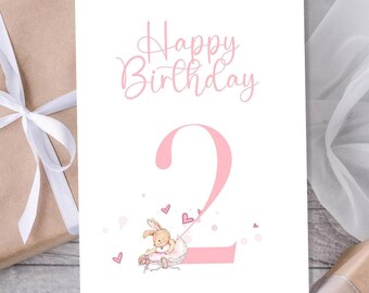 Printable Girl 2nd Birthday Card, Pink Bunny Birthday Card, Daughter or Granddaughter Card