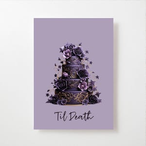 Tot de dood trouwkaart, Halloween-trouwkaart voor paar, paarse bruidstaartkaart, gotische trouwkaart, afdrukbaar, direct downloaden