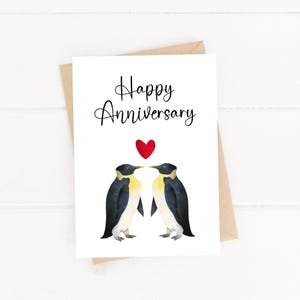 ペンギンの記念日カード、結婚記念日カード、印刷可能、すぐにダウンロード可能