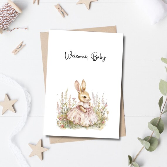 Biglietto di auguri per baby shower con coniglietta rosa: Cottagecore (5 x 7 pollici, stampabile) - Italia