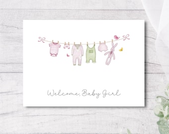 Newborn Baby Girl Card: Watercolor Laundry Line (Printable)
