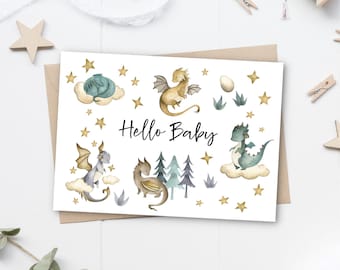 Boho Baby Dragon Baby Shower Card, Gender Neutral Baby Shower Card, Newborn Baby Card, Printable