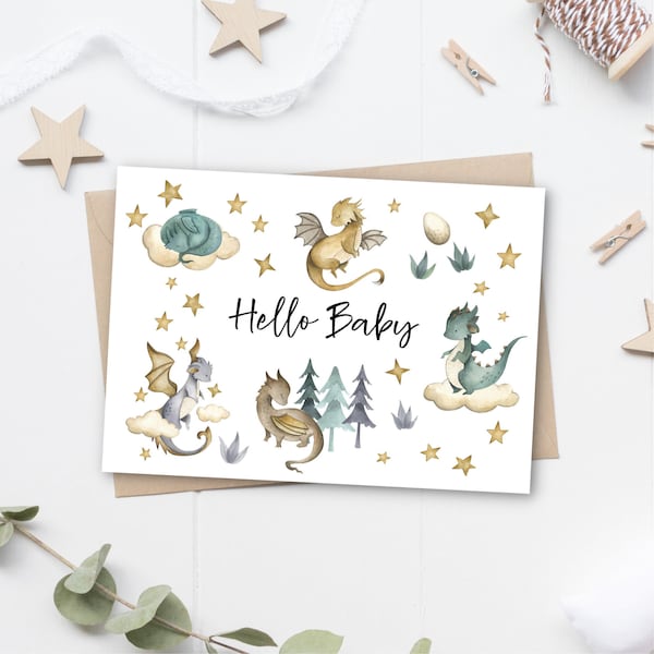 Boho Baby Dragon Baby Shower Card, Gender Neutral Baby Shower Card, Newborn Baby Card, Printable