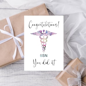 Carte de remise des diplômes BSN de l'école d'infirmières, carte de félicitations, vous l'avez fait, symbole de l'infirmière du caducée, imprimable, téléchargement immédiat
