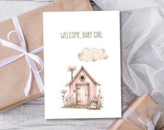 Boho Girl Baby Shower Card, Pink Baby Shower Card, Welcome Baby Girl, New Baby Card, Printable