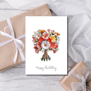 Cartão de aniversário floral com penas, lindo cartão de aniversário para amiga, cartão de presente de feliz aniversário, para imprimir, download instantâneo