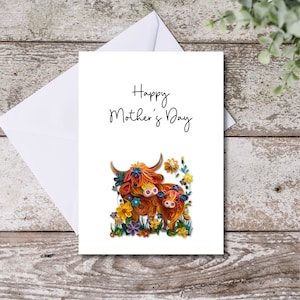 Biglietto d'auguri per la festa della mamma con mucca delle Highlands, biglietto d'auguri per la festa della mamma con quill per la matrigna, biglietto d'auguri unico per la festa della mamma per la nonna, stampabile