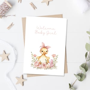 Carte de baby shower bébé canard, bienvenue petite fille, carte-cadeau de baby shower animaux de la ferme, carte de shower de bébé nouveau-né, imprimable, téléchargement immédiat