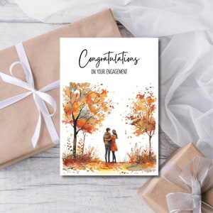 Tarjeta de compromiso de otoño para la feliz pareja. Tarjeta de felicitación por el compromiso. Imprimible y descarga instantánea.