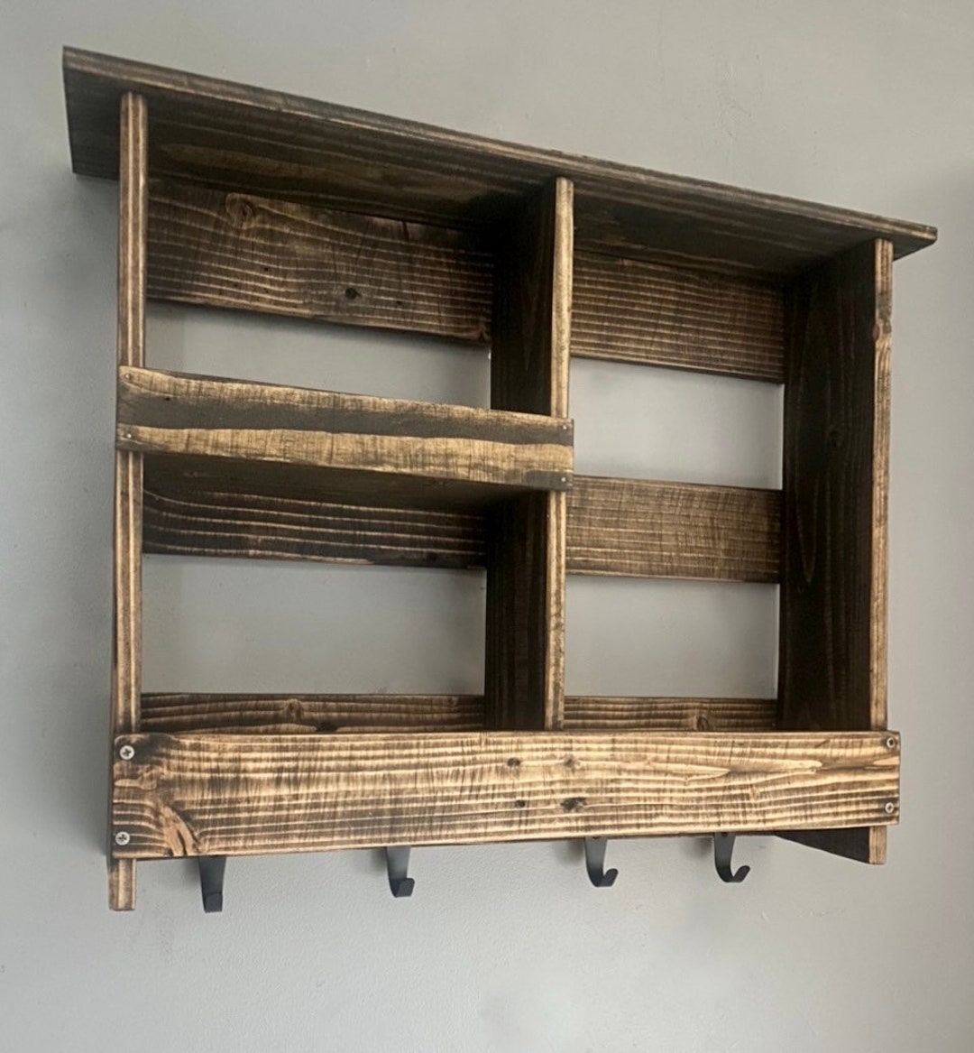 Farmhouse Shelf With Hooks, Rustic Shelf, Entryway Shelf, Coat Rack