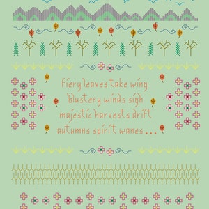 May include: A digital illustration of a poem about autumn. The poem reads: "Fiery leaves take wing, blustery winds sigh, majestic harvests drift, autumn's spirit wanes..."