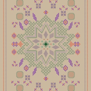 Op de afbeelding: Een beige kleed met een geometrisch patroon in tinten groen, paars en oranje. Het patroon heeft een centrale stervorm omringd door kleinere vierkanten en ruiten.