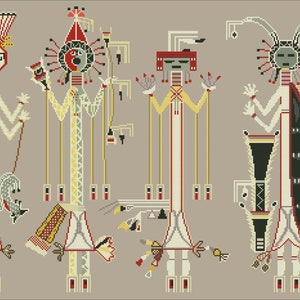 May include: A colorful Native American-inspired art piece featuring five figures with geometric designs and symbols. The figures are depicted in a stylized manner with bold lines and vibrant colors, including red, yellow, white, black, and blue.