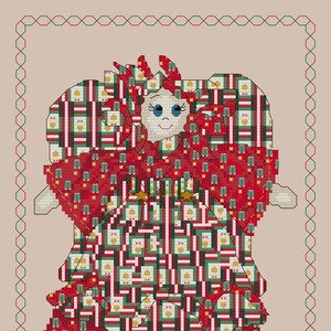 May include: A cross-stitch pattern of a Christmas angel with a red dress, green and white striped wings, and a gold crown. The angel is standing on a beige background.