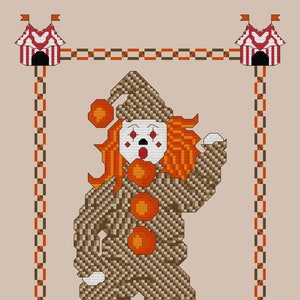 May include: A brown and orange clown with a red hat and red hair is standing in front of a circus tent. The clown is wearing a brown and orange striped costume with orange circles on the front. The clown is smiling and has a big red nose.