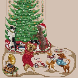 May include: A Christmas stocking with a green Christmas tree, a Santa Claus figure, and several dogs wearing festive attire. The dogs are gathered around the tree, with one dog wearing a red sweater with the words "Merry Christmas" on it. There is a vintage record player and a red tricycle in the scene.