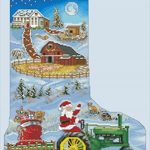 May include: A Christmas stocking with a winter farm scene. Santa Claus is driving a green tractor pulling a red bag full of presents. The farm has a red barn, a white house, and a Christmas tree. The stocking has the word "NAME" at the top.