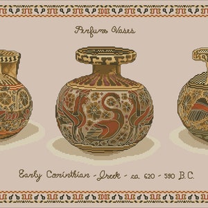 May include: Three ancient Greek perfume vases with intricate geometric and floral designs. The vases are brown, red, and gold with black accents. The text reads "Perfumes Vases" and "Early Corinthian - Greek - ca. 620 - 590 B.C."