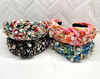 Wide Padded Floral Pearl Rhinestone Top Knot Headband / fall top knot headbands / womens headbands / girls top knot headband/ adult headband