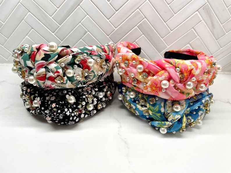 Wide Padded Floral Pearl Rhinestone Top Knot Headband / fall top knot headbands / womens headbands / girls top knot headband/ adult headband image 1
