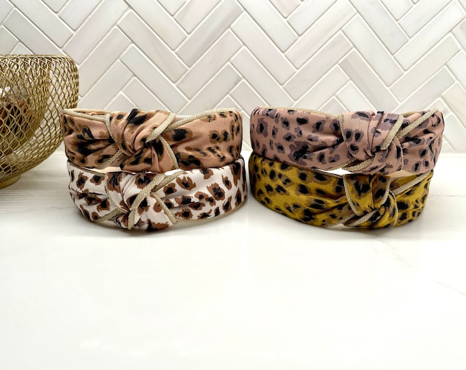 Satin Leopard Gold Trim Top Knot Headband