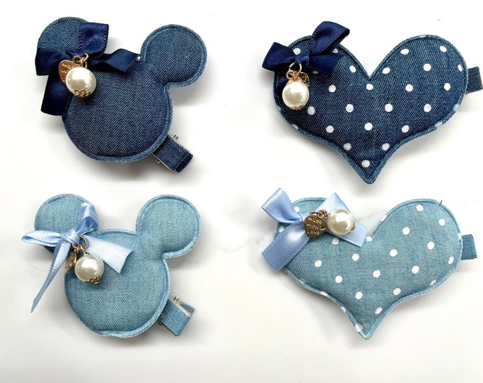 Denim Minnie and Heart hair clips