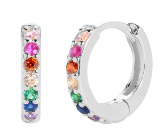 Brandlinger ® Orecchini a cerchio in argento 925, con gradiente di colore arcobaleno colorato, gioielli da donna placcati in oro 18 carati, per donne e ragazze, diametro esterno 23 mm., Zirconia