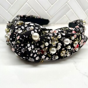 Wide Padded Floral Pearl Rhinestone Top Knot Headband / fall top knot headbands / womens headbands / girls top knot headband/ adult headband Black