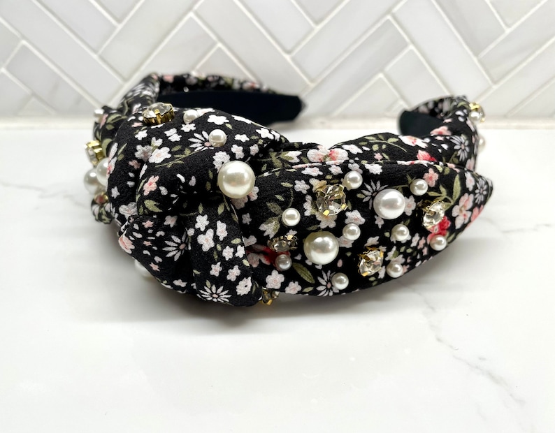 Wide Padded Floral Pearl Rhinestone Top Knot Headband / fall top knot headbands / womens headbands / girls top knot headband/ adult headband Black