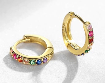 Pave Rainbow Huggie Hoop Earrings - 925 Sterling Silver - 18K Gold Plated
