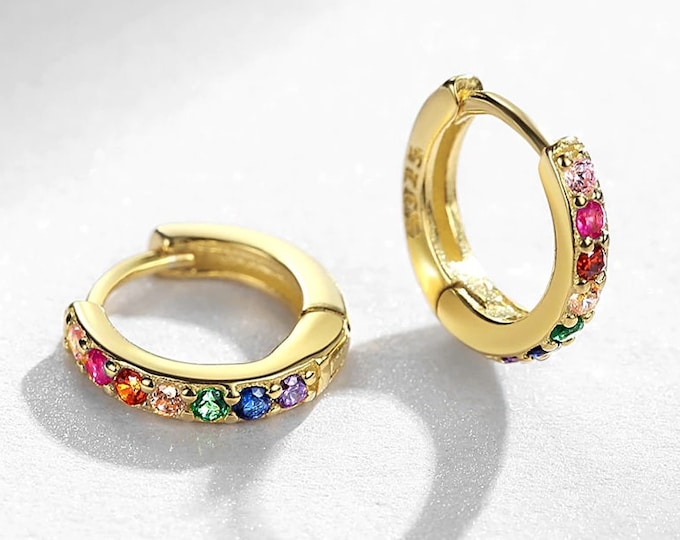 Pave Rainbow Huggie Hoop Earrings - 925 Sterling Silver - 18K Gold Plated