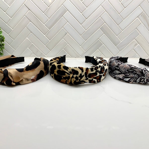 Silk Leopard top knot headbands / Silk Snakeskin top knot headband / women top knot headbands / kid headbands / Velvet Leopard headbands