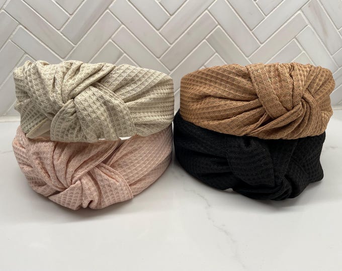 Wide waffle pattern Top Knot Headband / Black top knot headband / pink top knot headband / tan top knot/ women top knot headband