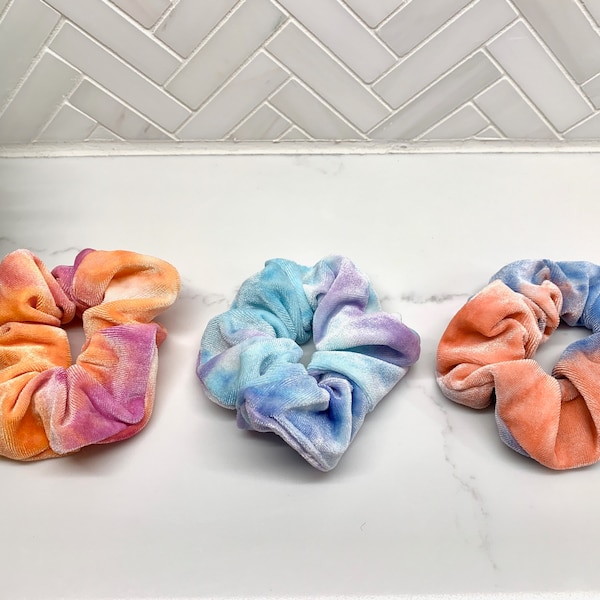 Velvet Tie Dye Hair Scrunchie / velvet hair ties / purple blue tie dye / coral blue tie dye / pink orange tie dye