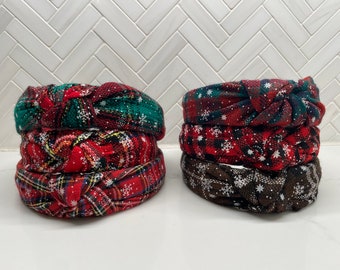 Classic holiday top knot headband / Christmas top knot headband / Plaid top knot headband / snowflake headband/ women top knot headband