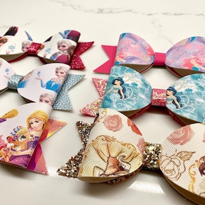 Princess bows / glitter princess bows / frozen hair bow / rapunzel hair bow / belle hair bow / jasmine hair bow / Ariel hair bow