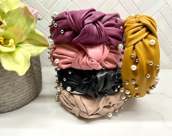 Large Pearl Leather Top Knot Headband