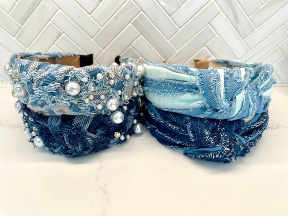 Denim Top Knot Headband: Pearl Embellished Spring Headband  display picture 3