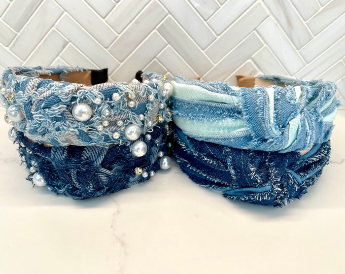 Denim Top Knot Headband/ headbands for women/ headbands / spring headbands / Denim Pearl Headbands