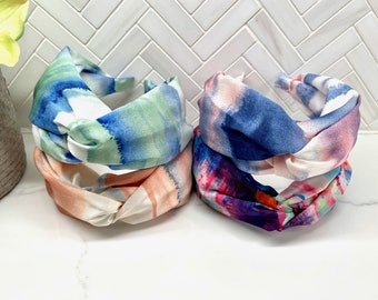 Silk Tie Dye Twist headband / Silk tie dye pink blue twist headband / women top knot / kid headbands / multi color headband