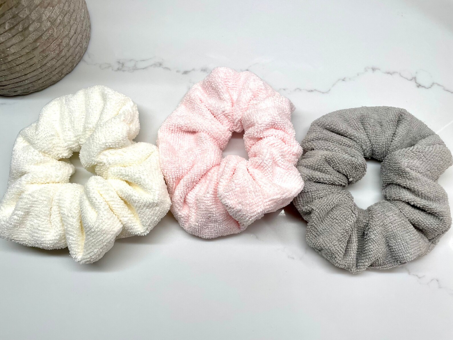 Large Towel Terry Cloth scrunchies / pink fur scrunchie / grey | Etsy