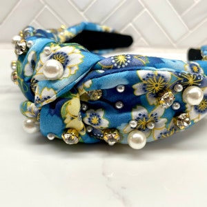 Wide Padded Floral Pearl Rhinestone Top Knot Headband / fall top knot headbands / womens headbands / girls top knot headband/ adult headband Blue