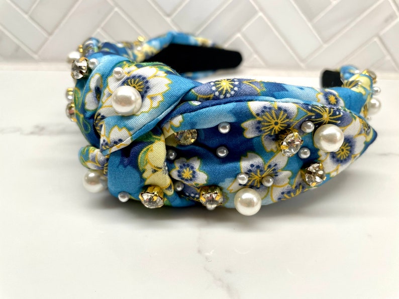 Wide Padded Floral Pearl Rhinestone Top Knot Headband / fall top knot headbands / womens headbands / girls top knot headband/ adult headband Blue