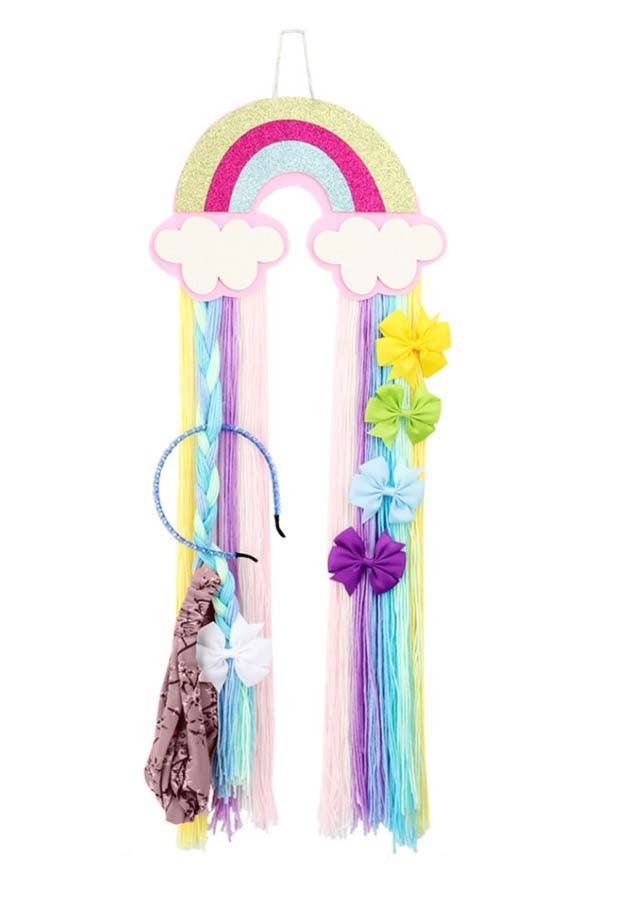 Urbalabs Princess Castle Pink Rainbow Glitter Girls Bow Holder 13 Inch  Wooden Hairbow Holder Organizer Hairpins Bow Storage Hanger Wall Hanger for