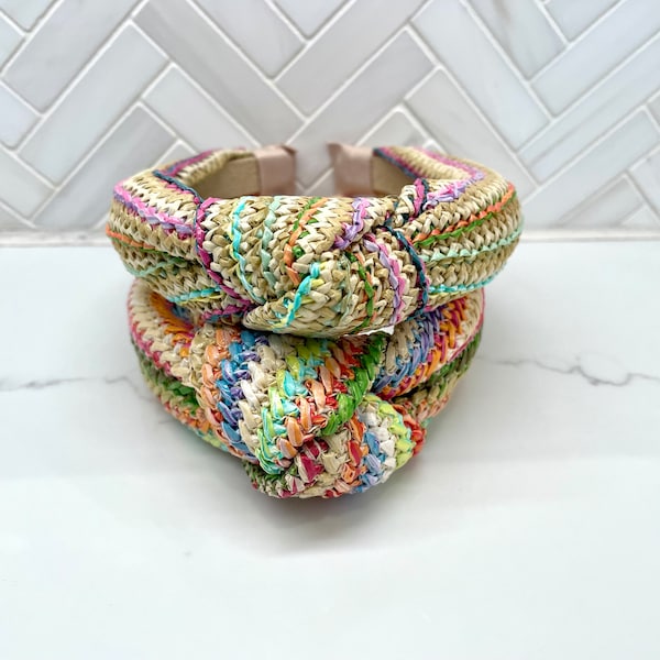 Top Knot Colorful Straw Headband / top knot headbands / kid headbands / summer headbands / women top knot ribbed headband