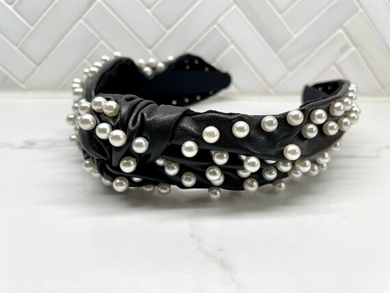 Faux Leather Pearl Top Knot Headband, Velour Interior - Etsy display picture 3