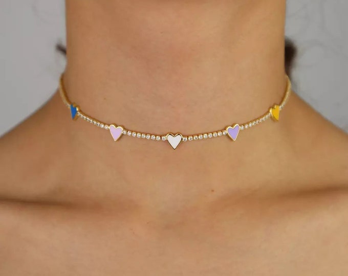 Choker Necklace Enamel Hearts