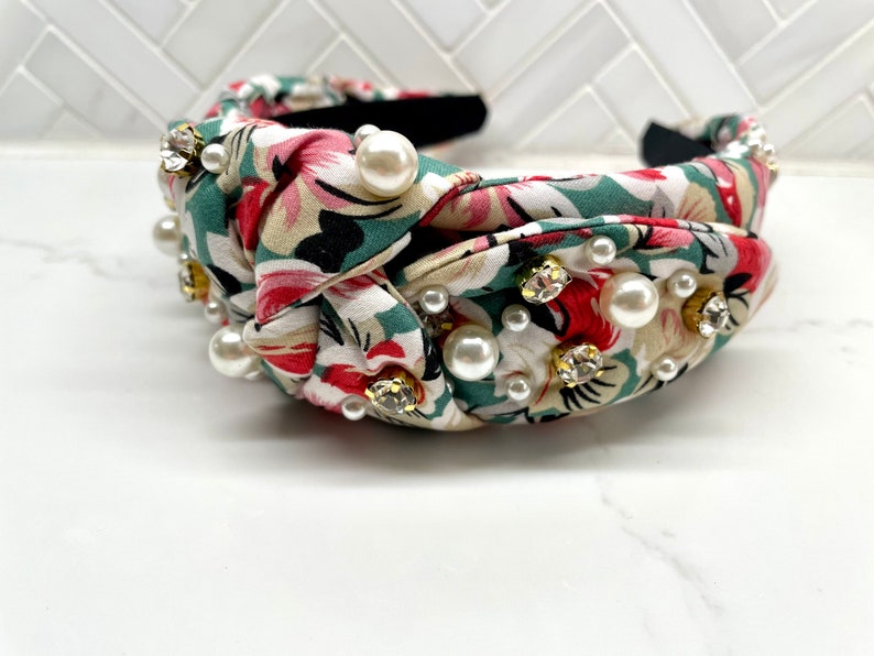 Wide Padded Floral Pearl Rhinestone Top Knot Headband / fall top knot headbands / womens headbands / girls top knot headband/ adult headband Green/White/Pink